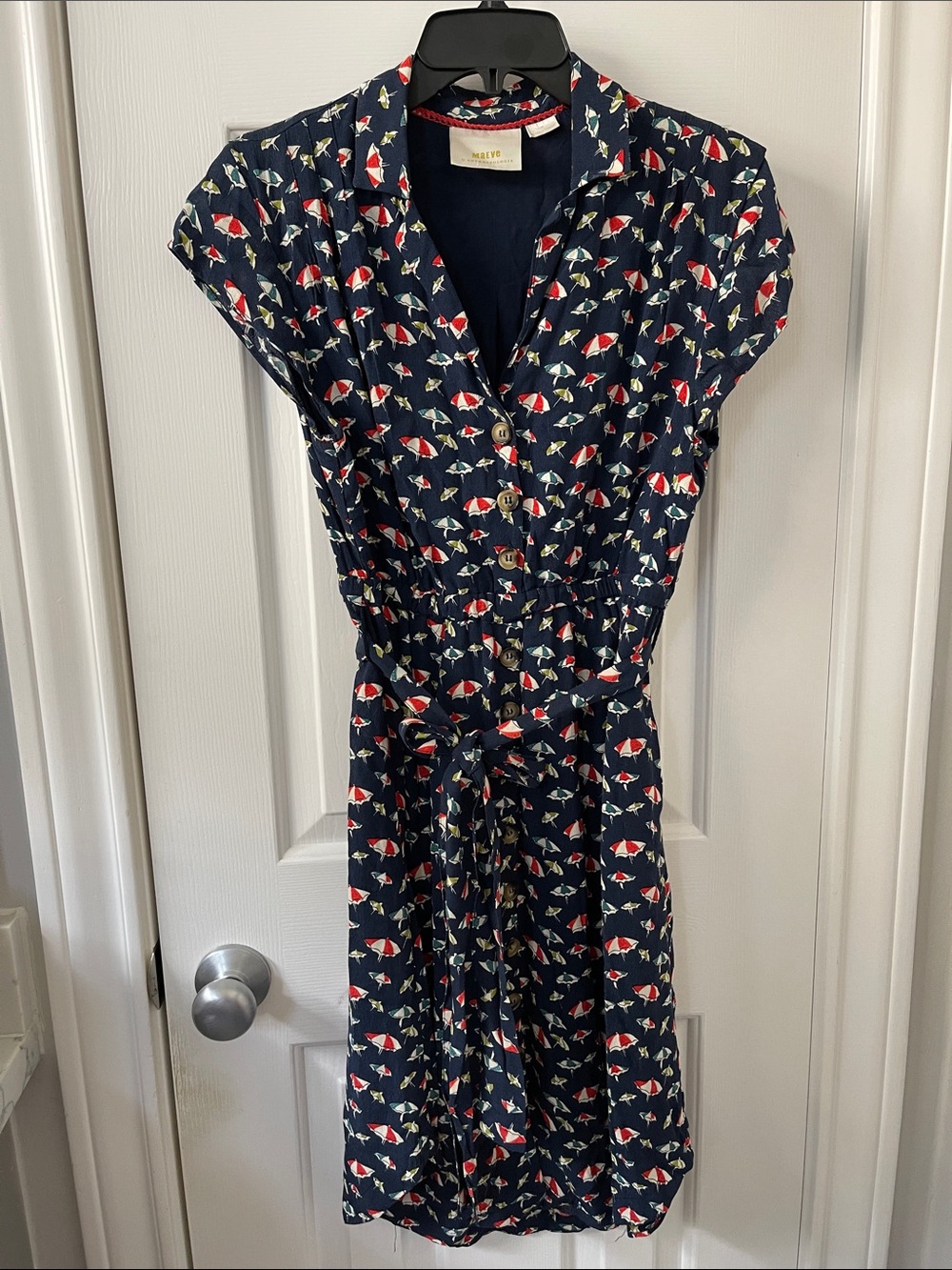 Maeve Navy Midi Dress with Red & Cream Umbrella Print